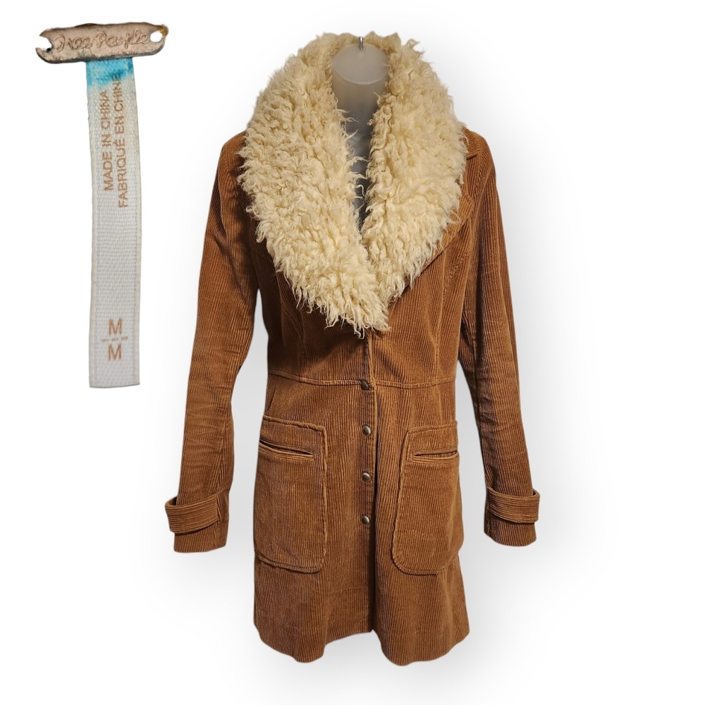 Free People Lady Lane Corduroy Jacket Faux Fur Collar Honey Brown Size M Medium